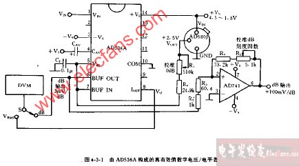 由AD536A构成的真有效值数字电压、电平表电路图