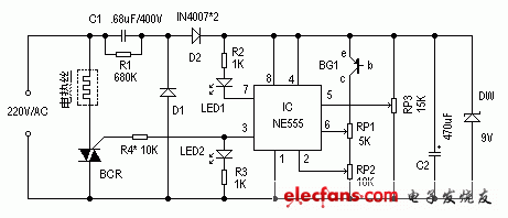 采用NE555的电热毯温控器电路