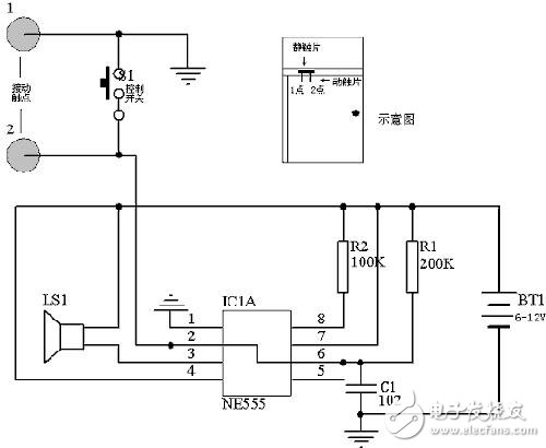 555组成的断线式报警器制作电路图