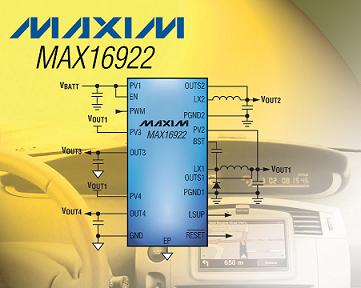 Maxim推出2.2MHz高压四通道PMIC:MAX16922