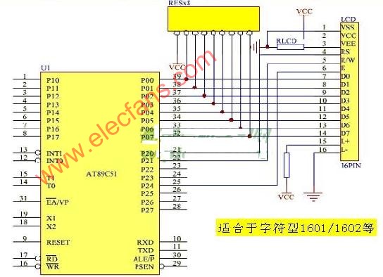 LCD 1602与单片机的连接电路图