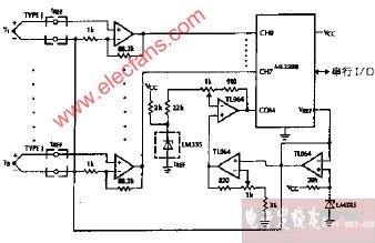 ML2221只有一个冷端补偿的8个热偶传感电路图