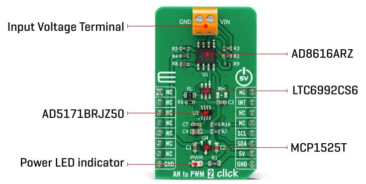 Mikroe AN转PWM 2 Click，用于将输入模拟信号的值转换为固定频率的PWM电压输出