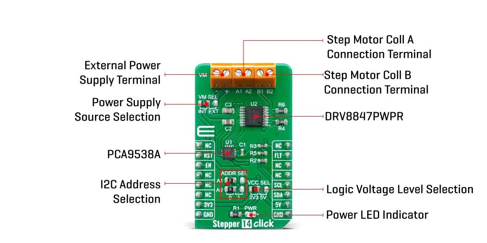 Mikroe双极步进电机控制Stepper 14 Click _特性_功能结构图及应用领域