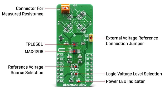 精确测量外部元件电阻的Mikroe Wheatstone Click_特性_功能结构图及应用